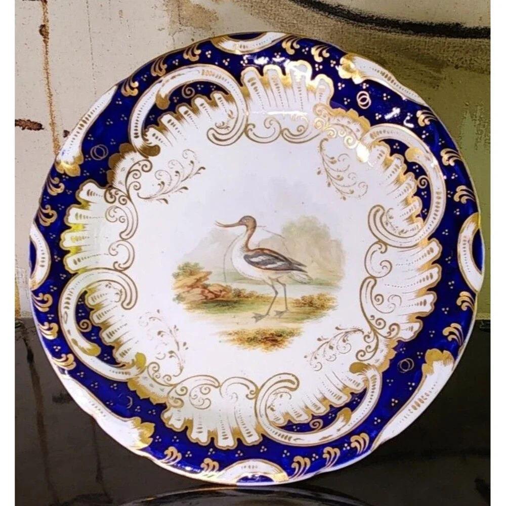 Antique Coalport Hand Painted Game Bird Compote Floral Cobalt Gold Tazza Comport